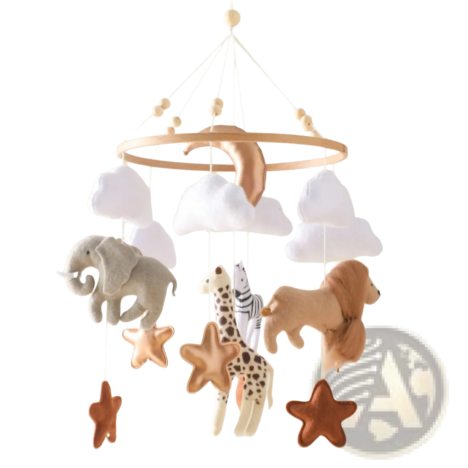 Safari animal wooden crib mobile with felt clouds features a wooden hoop and plush elephant giraffe zebra and lion