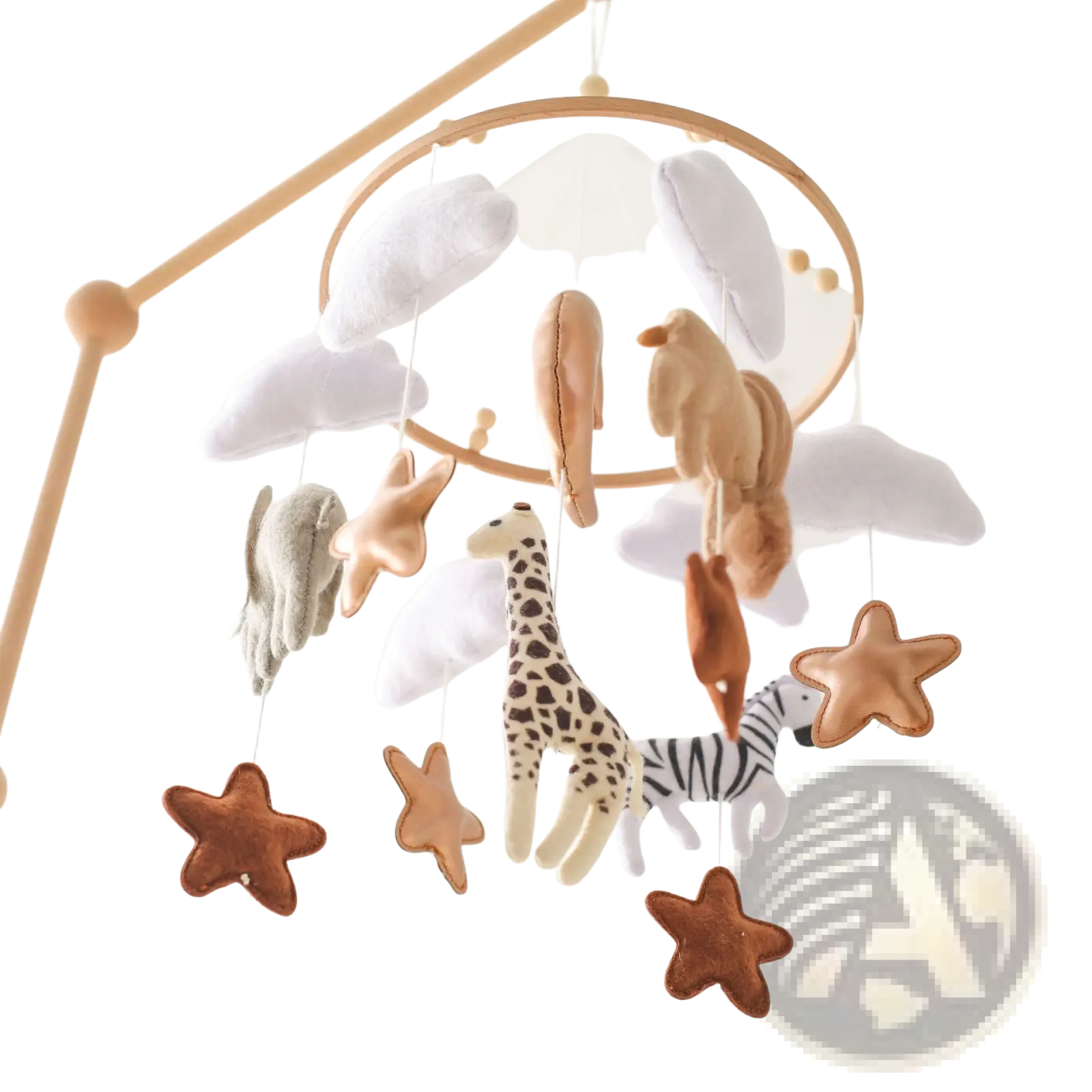 A soft felt safari animal wooden crib mobile with embroidered animals stars and felt clouds hanging from a wooden hoop