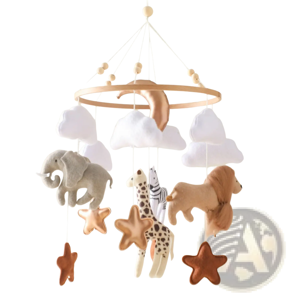 Safari animal wooden crib mobile with wooden hoop felt elephant giraffe zebra lion clouds and copper stars hanging plush