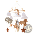 Safari animal wooden crib mobile with wooden hoop felt elephant giraffe zebra lion clouds and copper stars hanging plush