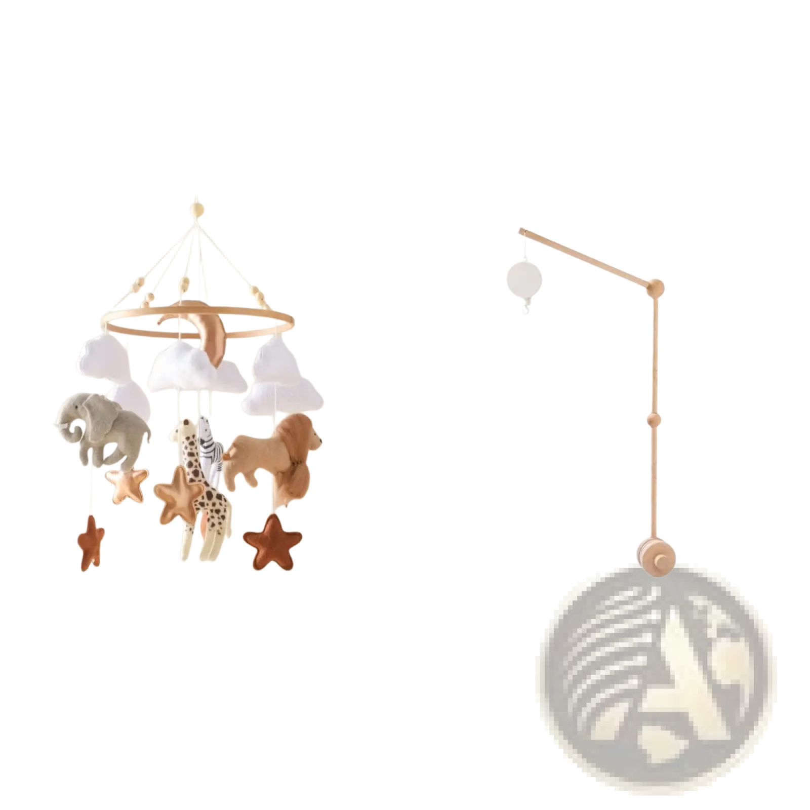 Wooden crib mobile with plush safari animals and felt stars hanging from a circular frame for nursery decor