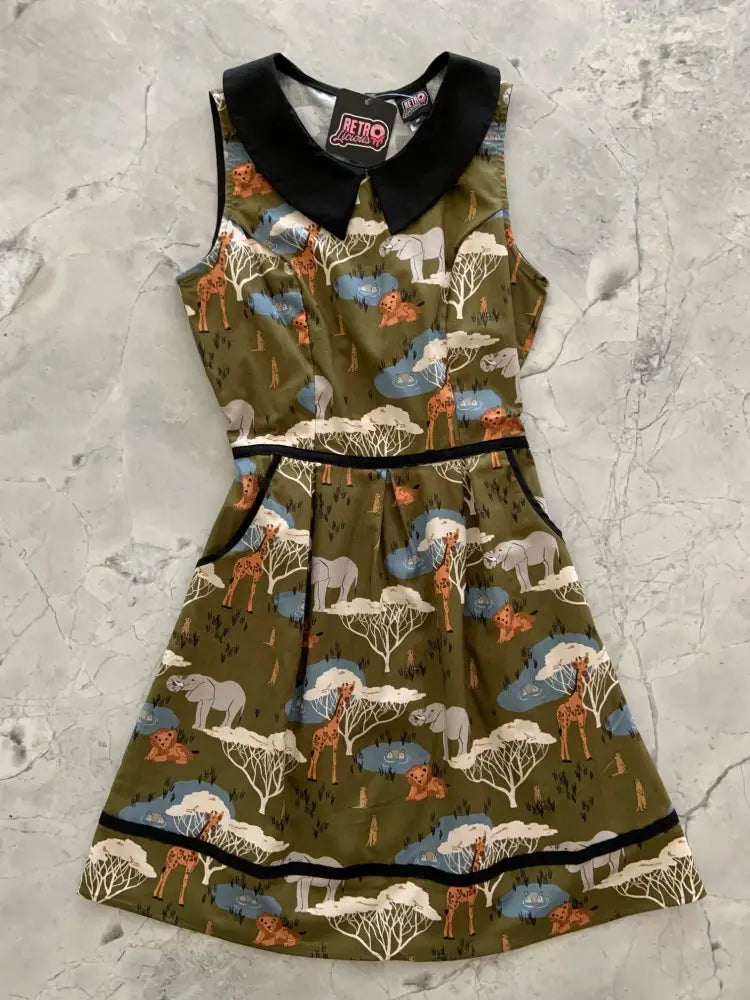 Olive green safari print retro cotton sleeveless dress with black peter pan collar and matching trim