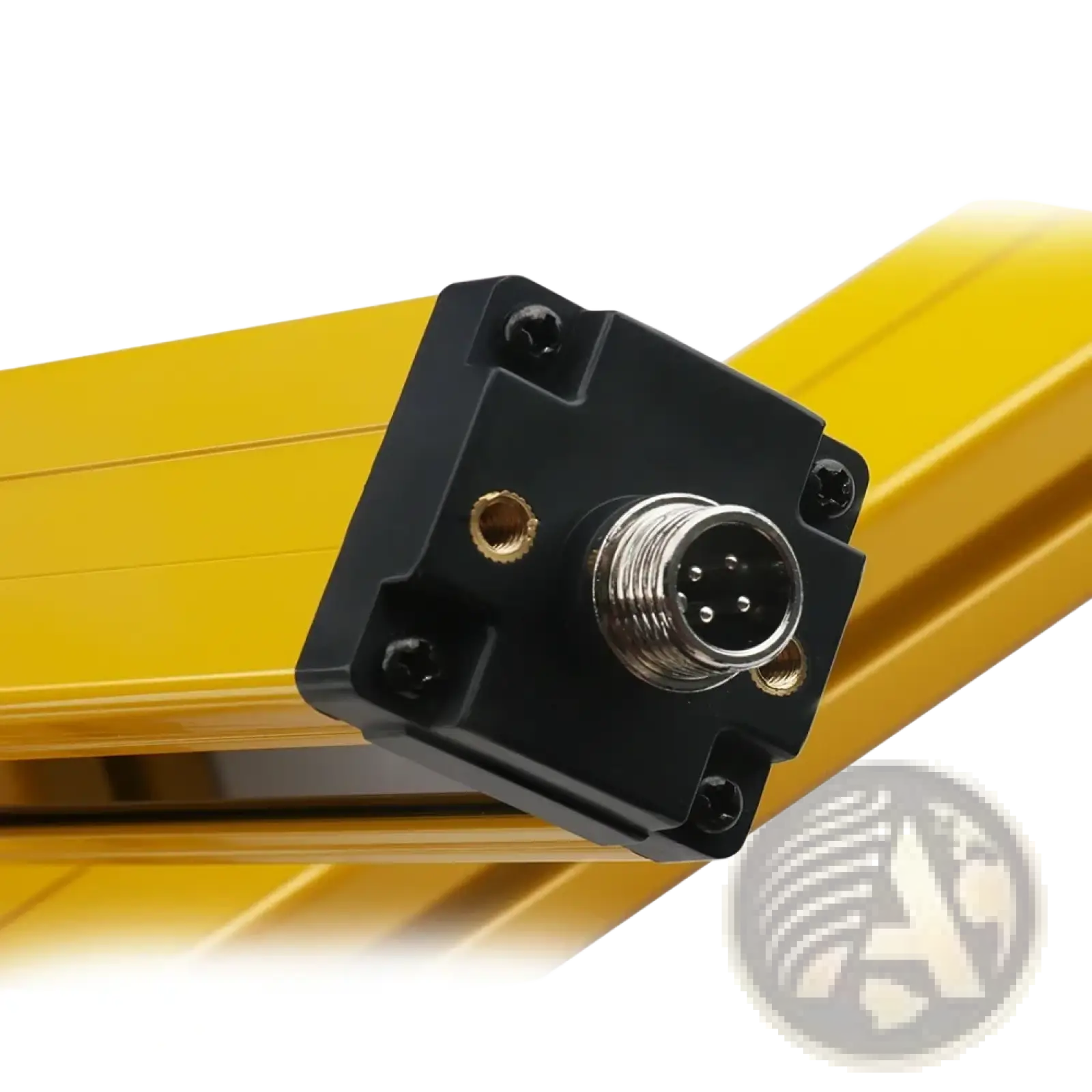 Black rectangular safety light curtain dual relay sensor housing with metallic 5-pin connector and gold threaded ports mounted on yellow rail
