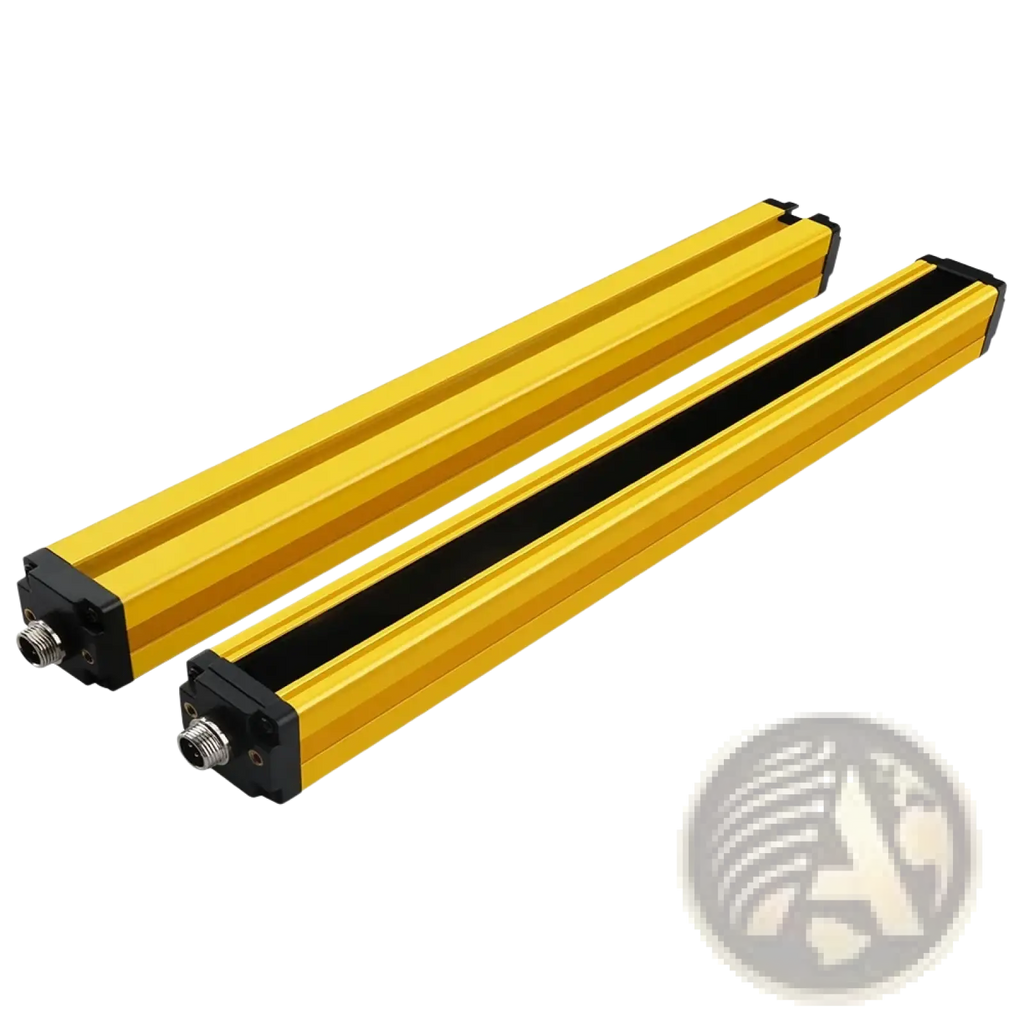 Two yellow aluminum linear encoders with black end caps and threaded connectors for safety light curtain dual relay 30mm emergency stop