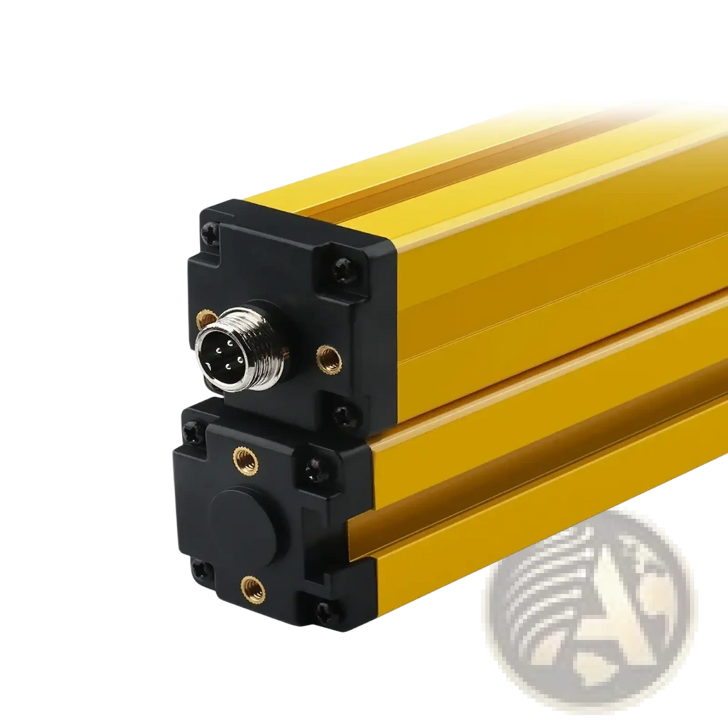 Yellow metallic linear encoder with black mounting brackets and silver multi-pin connector for safety light curtain dual relay emergency stop