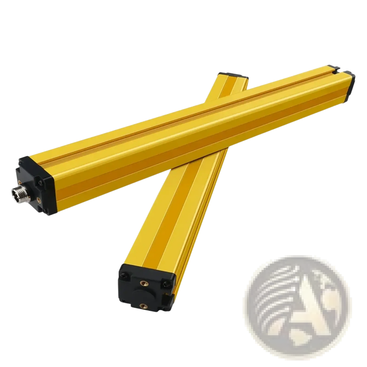 Safety light curtain dual relay 30mm emergency stop with yellow aluminum sensor black end caps and threaded connectors