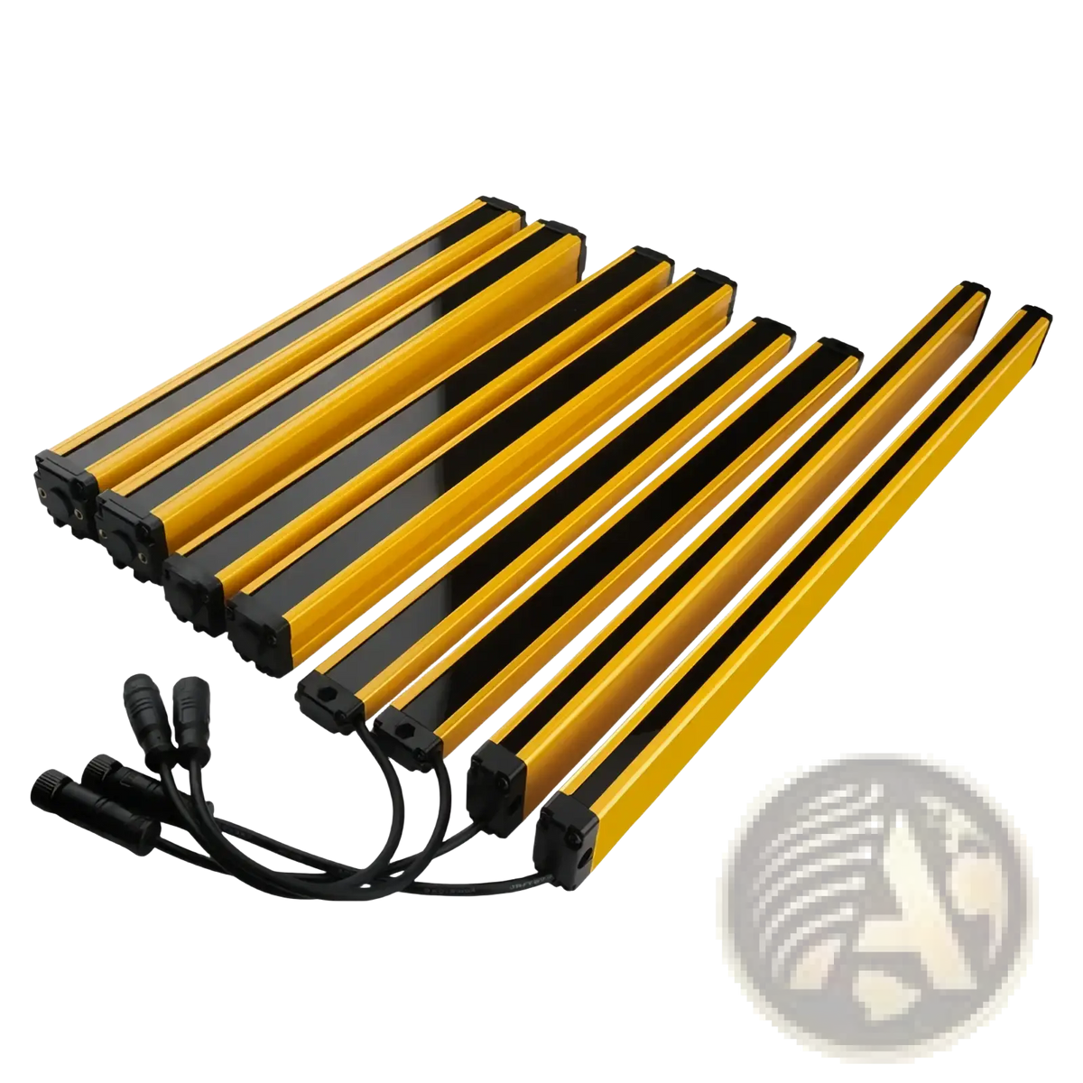 Yellow and black safety light curtain dual relay 30mm emergency stop strips with black connectors for hazard prevention