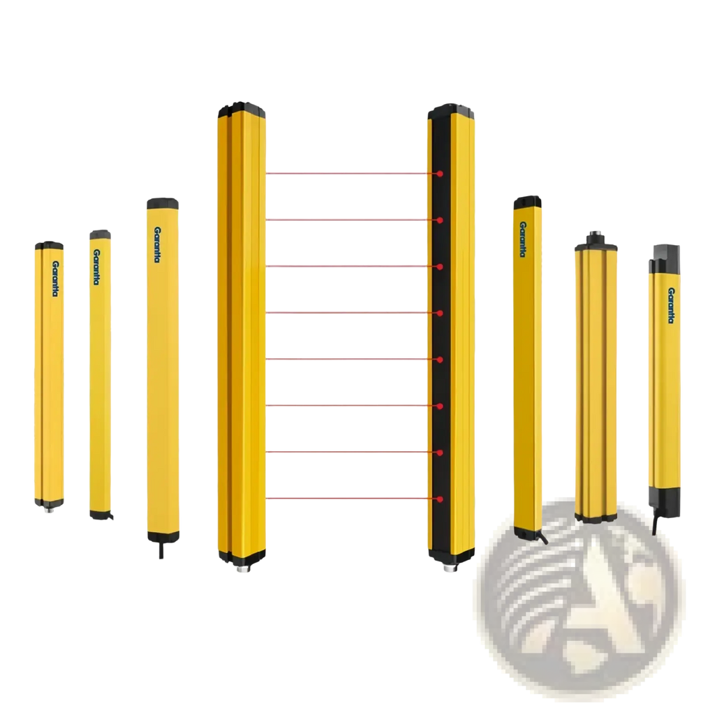Yellow and black genset safety light barriers with sleek cylindrical design for safety light curtain dual relay 30mm emergency stop