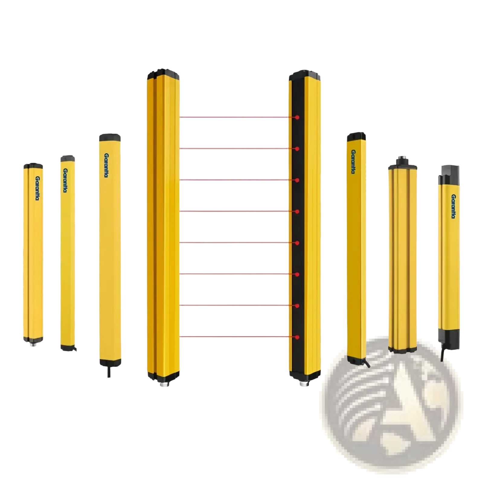 Yellow and black genset safety light barriers with sleek cylindrical design for safety light curtain dual relay 30mm emergency stop