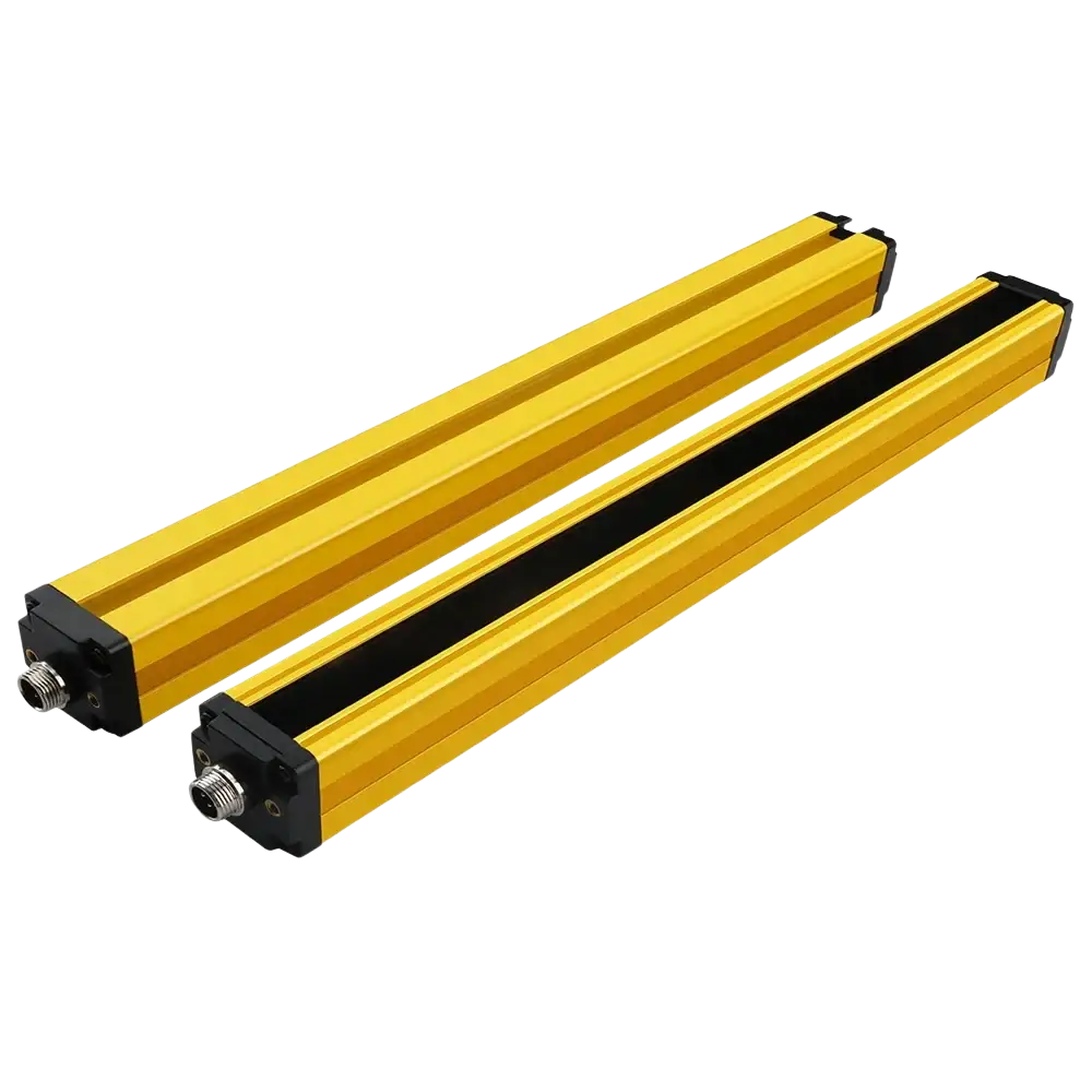 Two yellow aluminum linear encoders with black end caps and threaded connectors for safety light curtain dual relay 30mm emergency stop