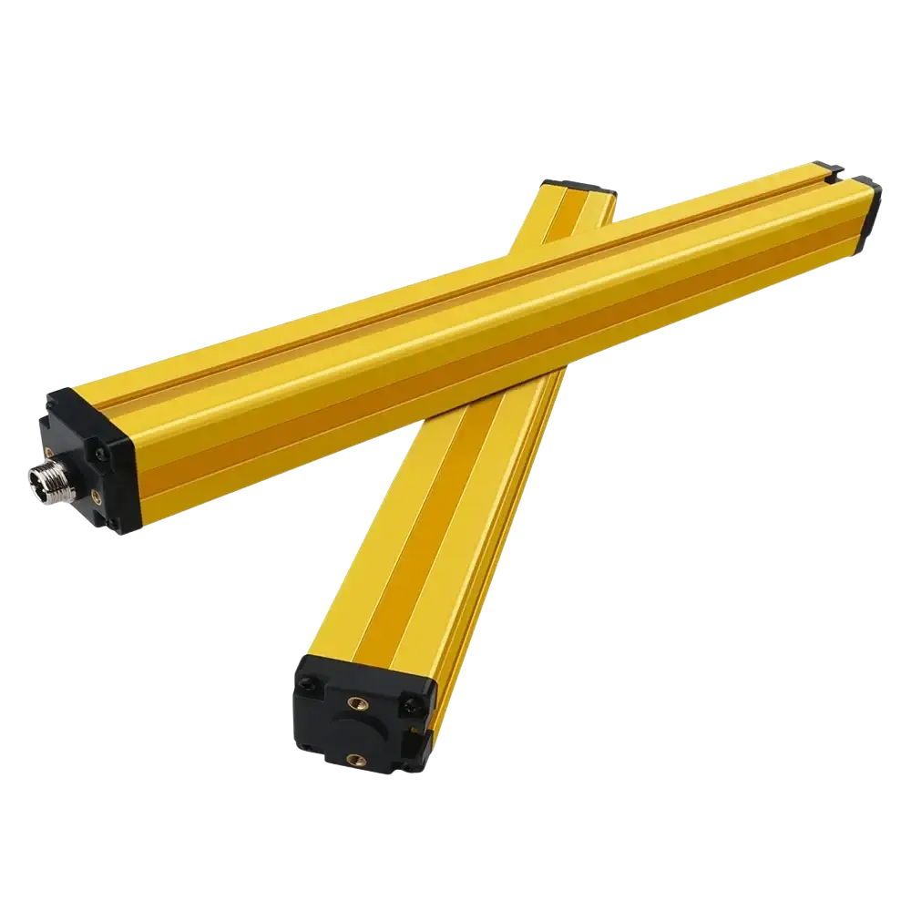 Safety light curtain dual relay 30mm emergency stop with yellow aluminum sensor black end caps and threaded connectors