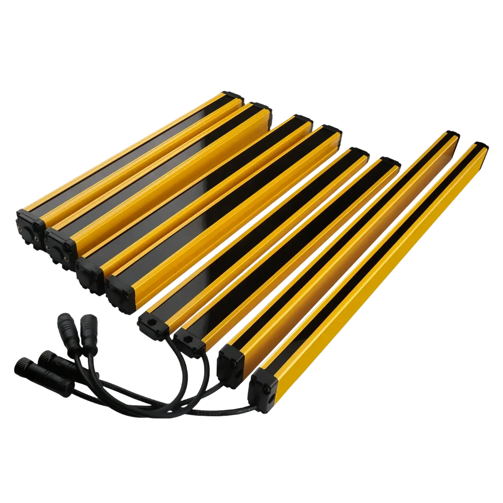 Yellow and black safety light curtain dual relay 30mm emergency stop strips with black connectors for hazard prevention