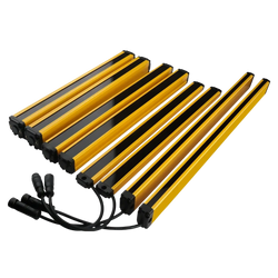Yellow and black safety light curtain dual relay 30mm emergency stop strips with black connectors for hazard prevention