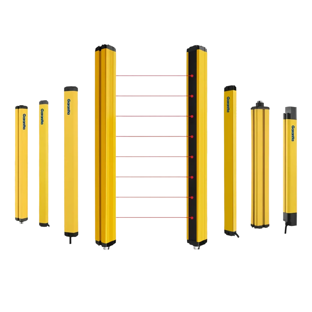 Yellow and black genset safety light barriers with sleek cylindrical design for safety light curtain dual relay 30mm emergency stop