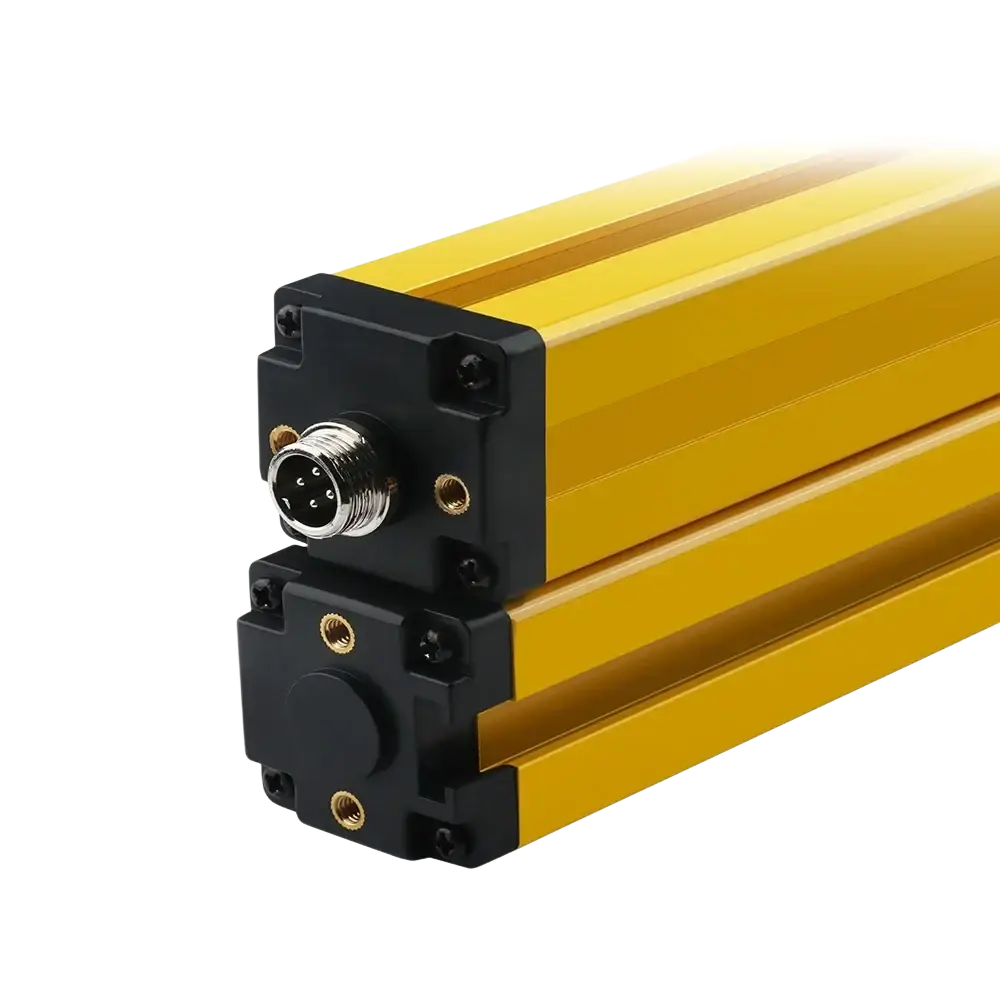 Yellow metallic linear encoder with black mounting brackets and silver multi-pin connector for safety light curtain dual relay emergency stop