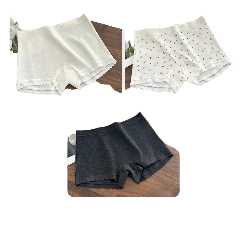 White pink flower and dark gray cotton lace ribbed women’s safety short pants with scalloped edges