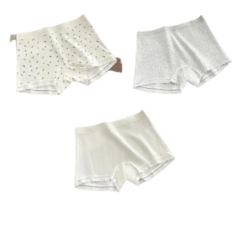 White lace-trimmed cotton safety short pants with blue and light gray floral patterns in boyshort style