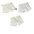 White lace-trimmed cotton safety short pants with blue and light gray floral patterns in boyshort style