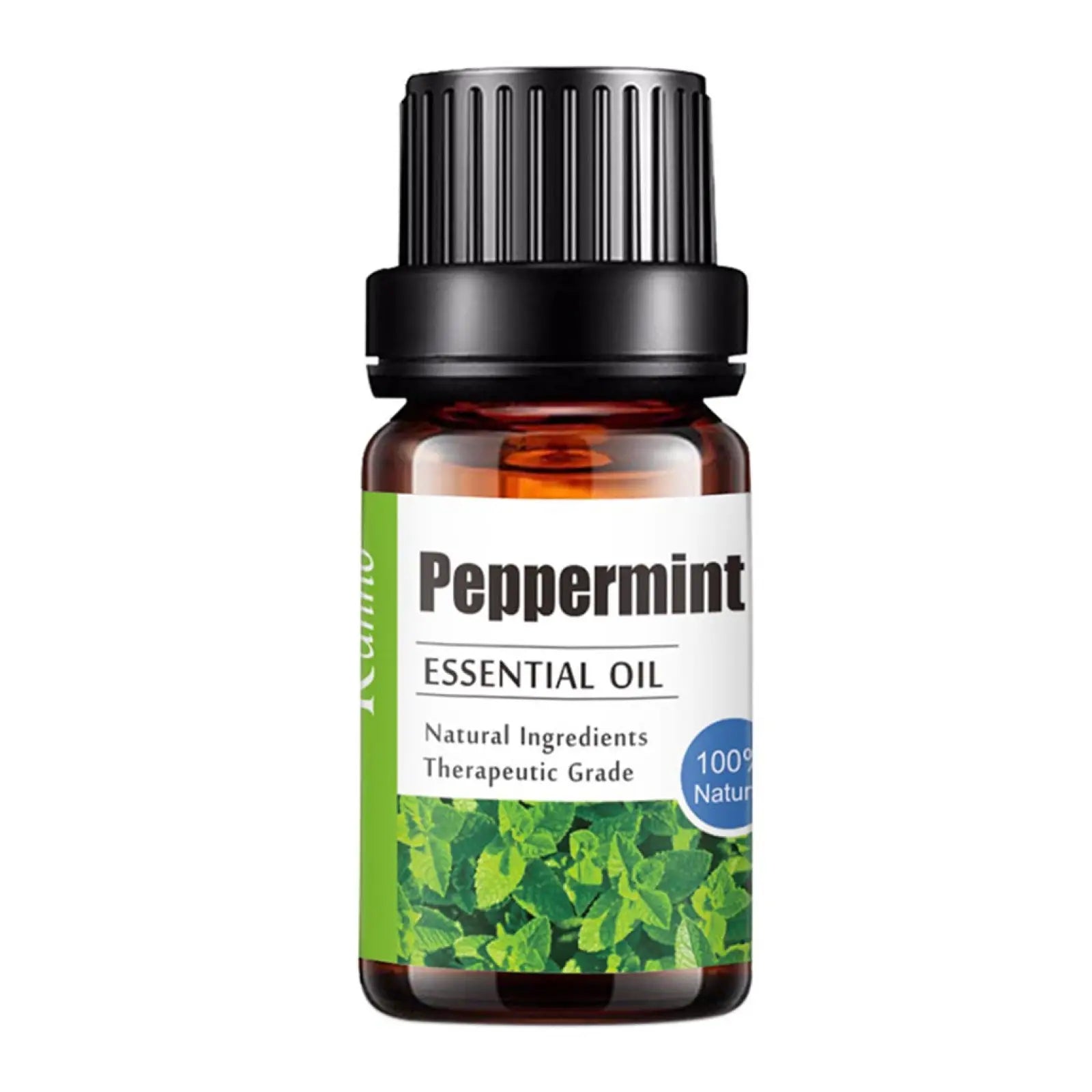 A small amber glass bottle with black cap and label showing green peppermint leaves for sage essential oil diffuser