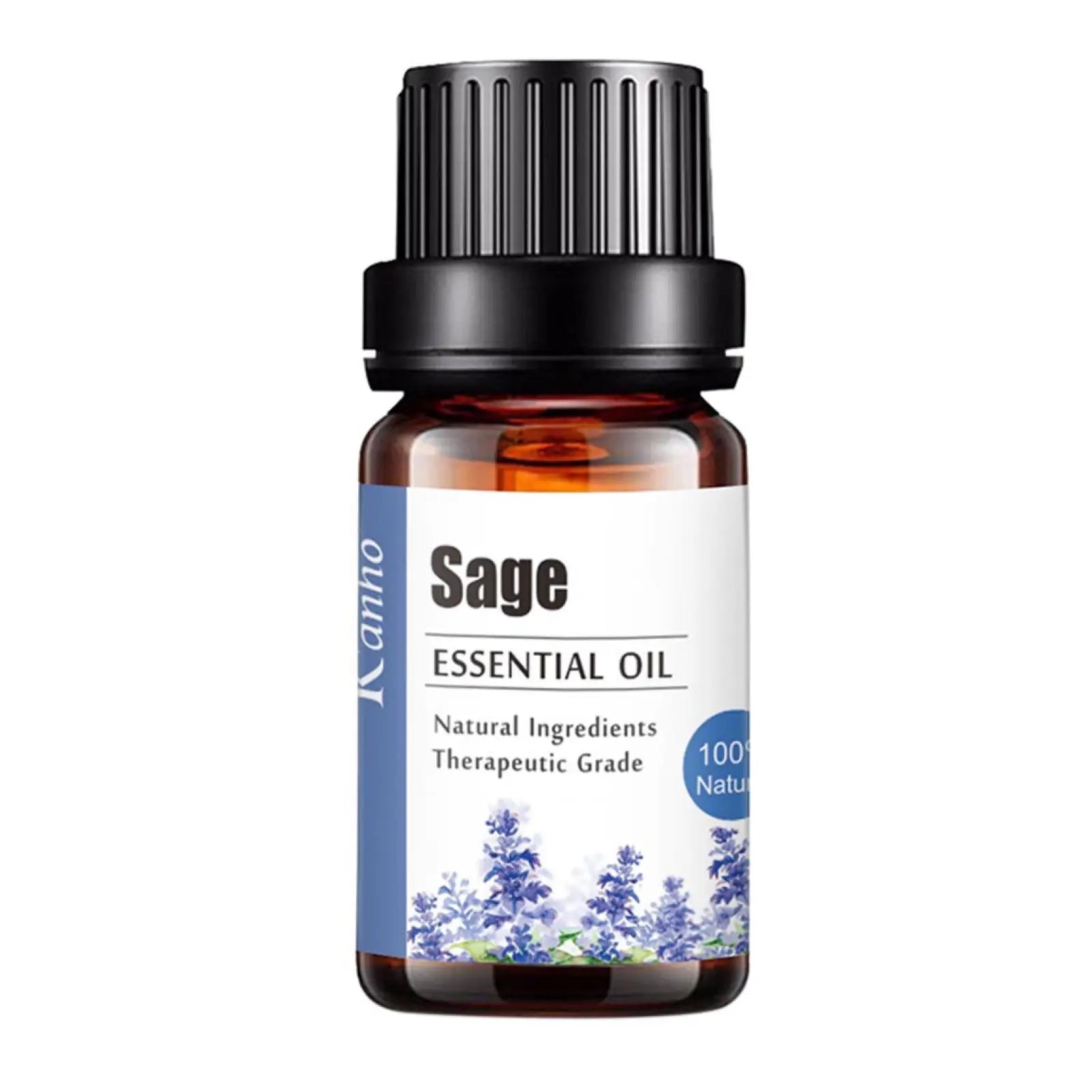 A small amber glass bottle of sage essential oil by kanno with black cap and blue sage illustrations on white label