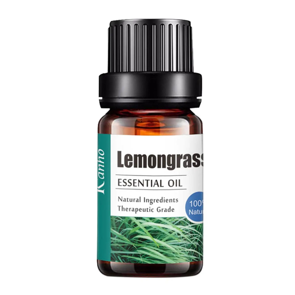 A small amber glass bottle of kanho lemongrass essential oil with a black ribbed cap and green imagery on label