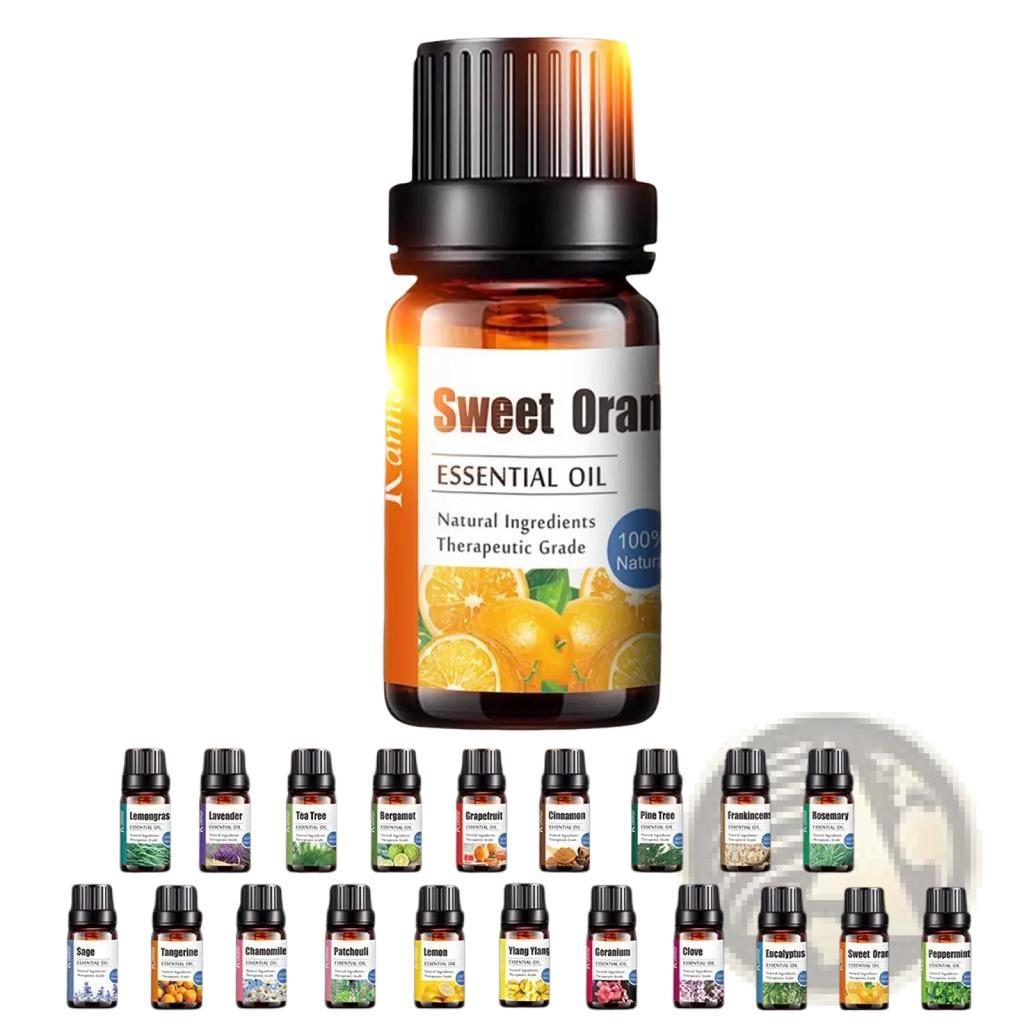 A 10ml amber glass bottle of sage essential oil with black ribbed cap and white sweet orange label against orange glow