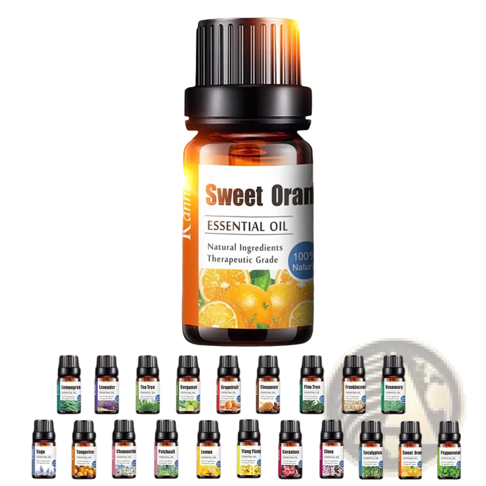 A 10ml amber glass bottle of sage essential oil with black ribbed cap and white sweet orange label against orange glow