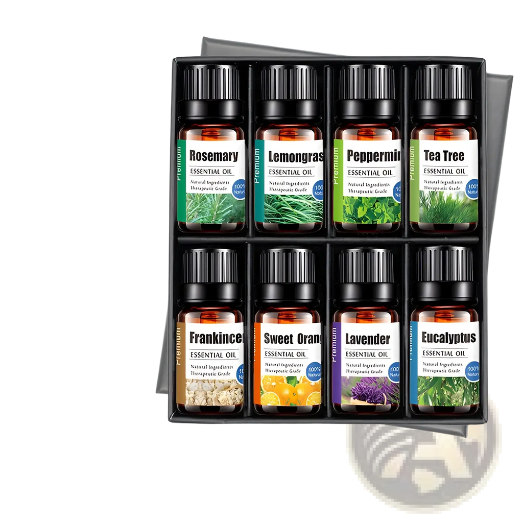 Set of eight amber glass sage essential oil bottles with black caps in a sleek black gift box for aroma diffuser use