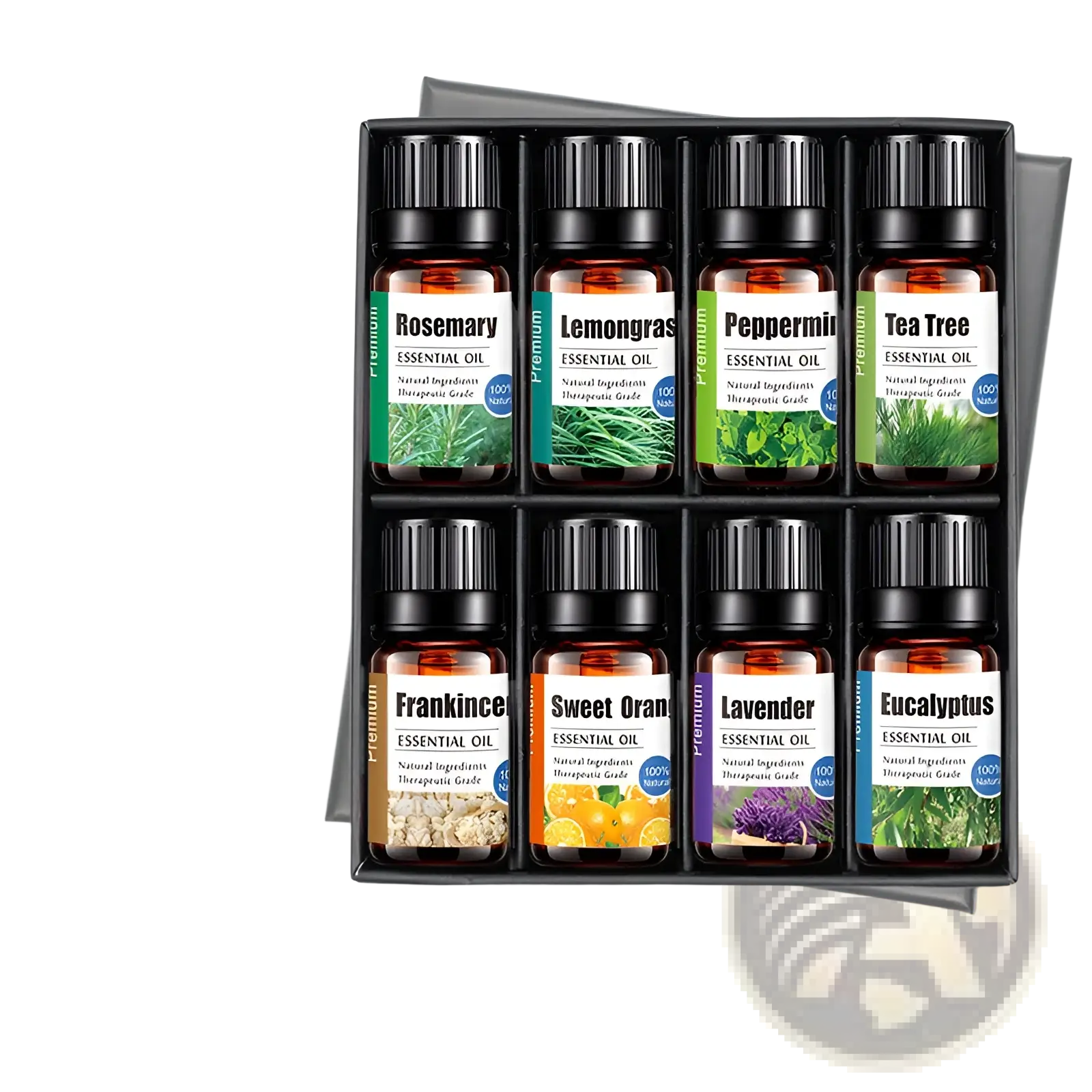Set of eight amber glass sage essential oil bottles with black caps in a sleek black gift box for aroma diffuser use