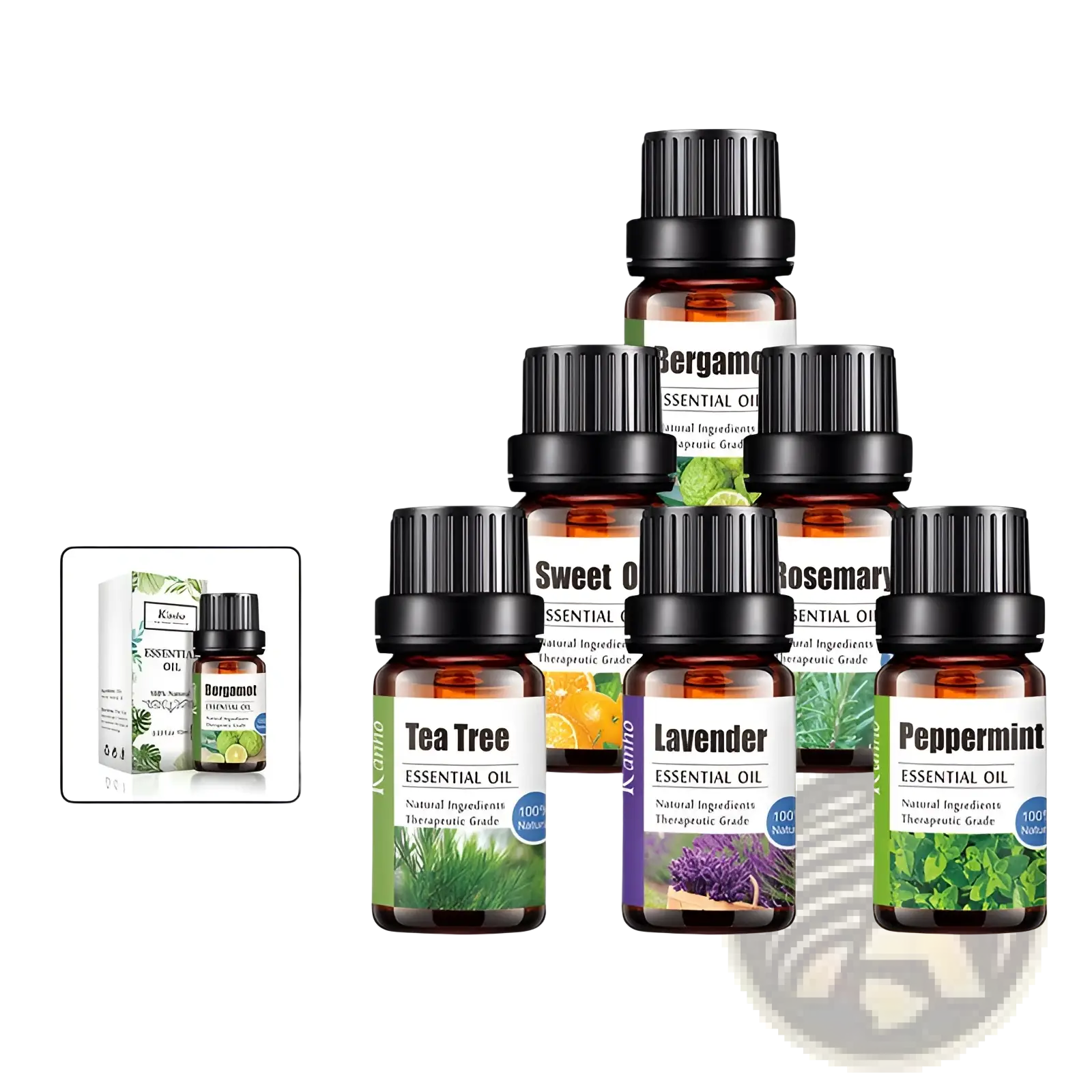 Set of six amber glass essential oil bottles with black ribbed caps labeled with tea tree lavender peppermint bergamot sweet orange and rosemary