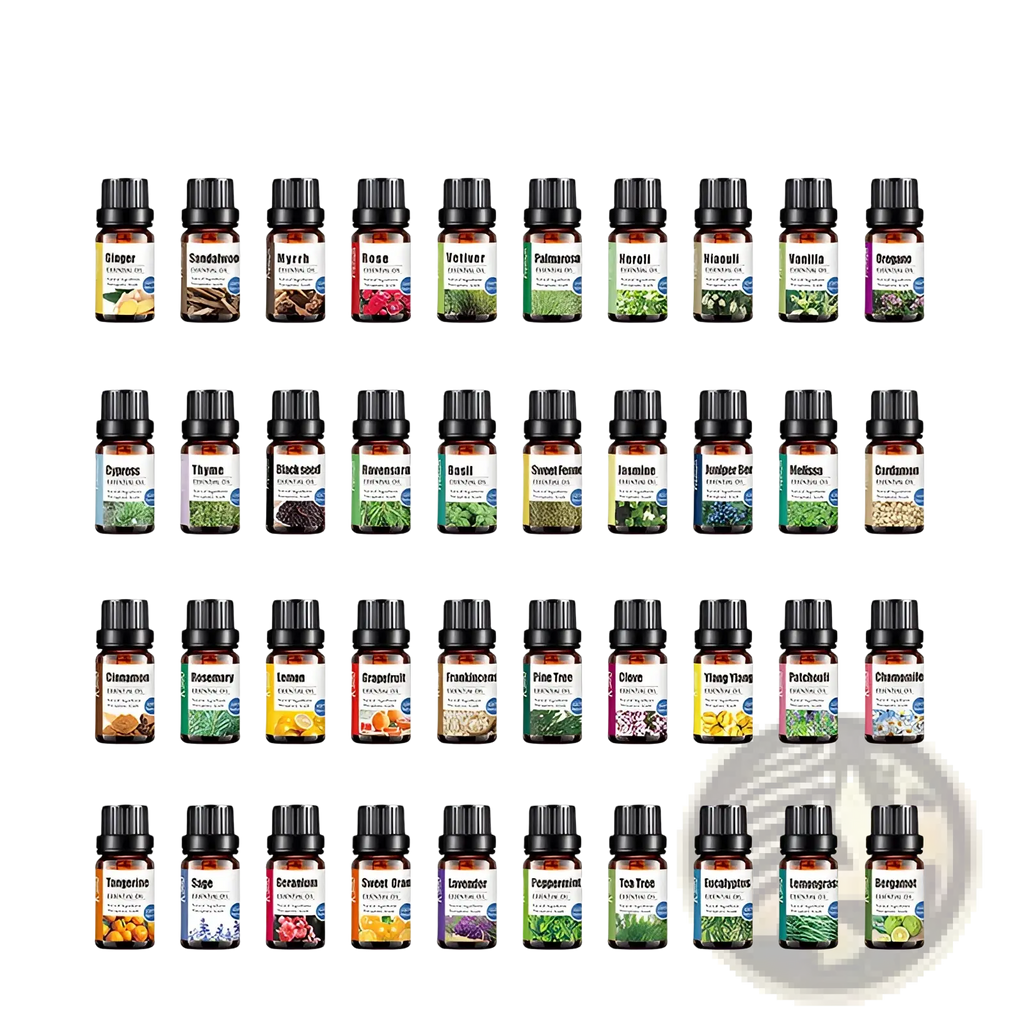 Set of sage essential oil bottles in clear glass with black caps and colorful labeled scents for aroma diffusers