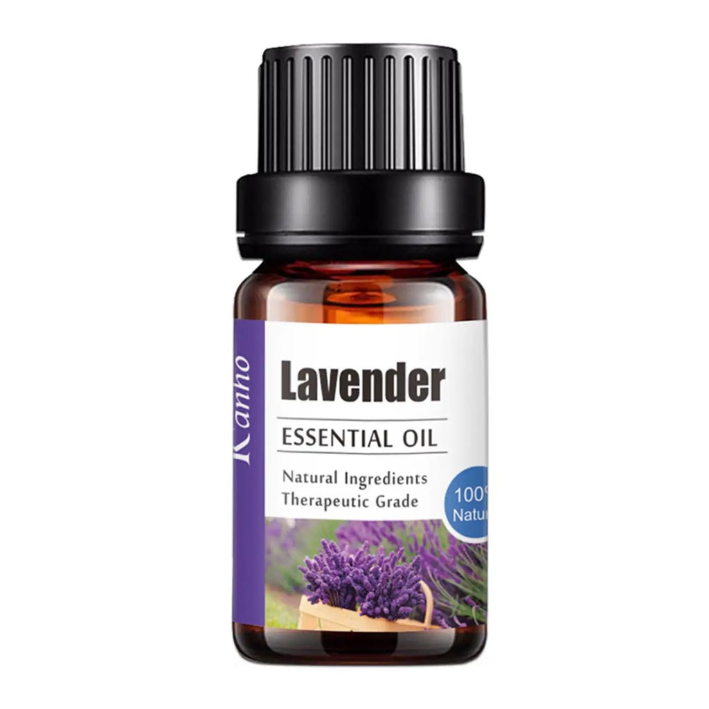A small amber glass bottle of kano lavender essential oil with a black cap and white label for pure aroma diffuser use