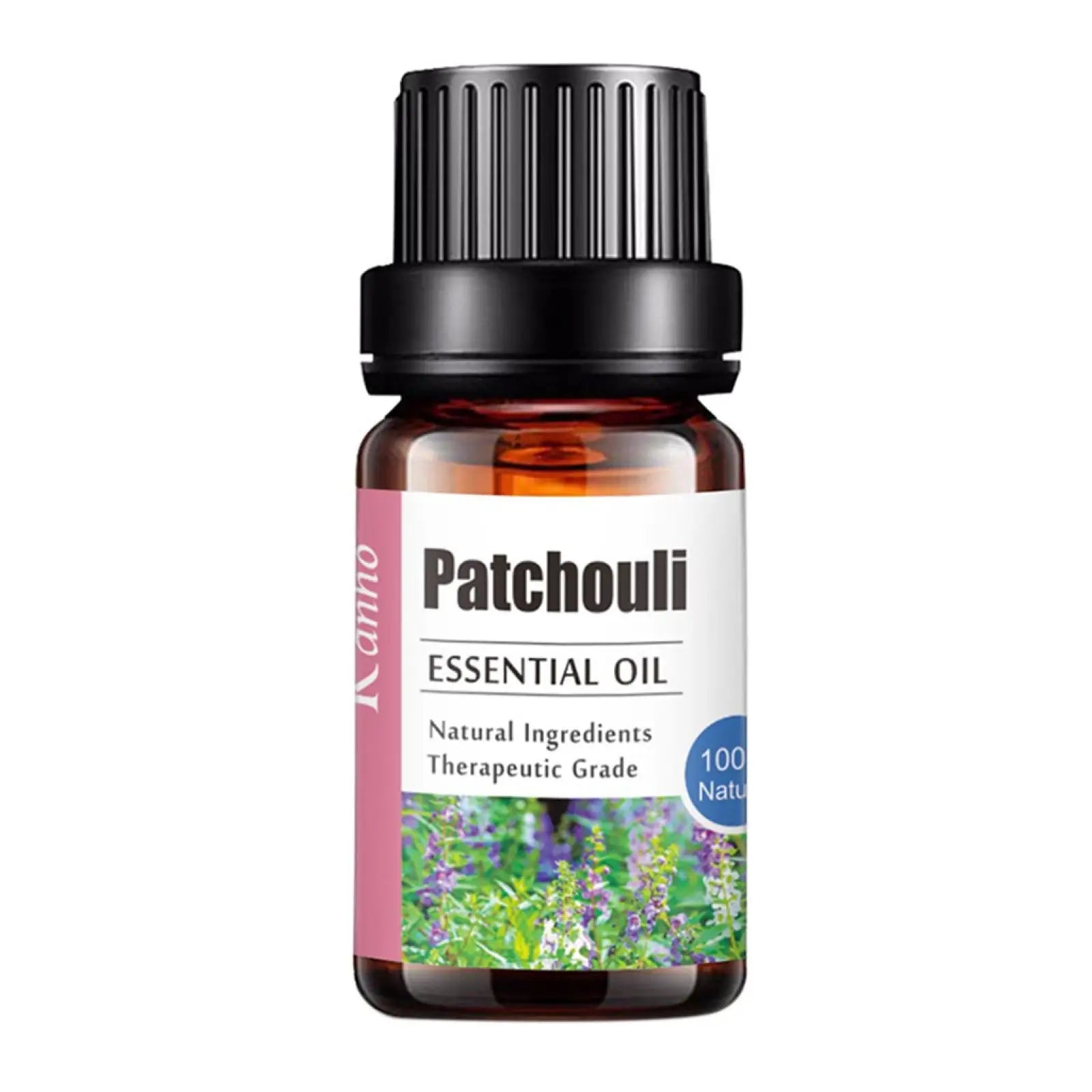 A small amber glass bottle of patchouli essential oil by Kanno with a black cap and pink-accented white label