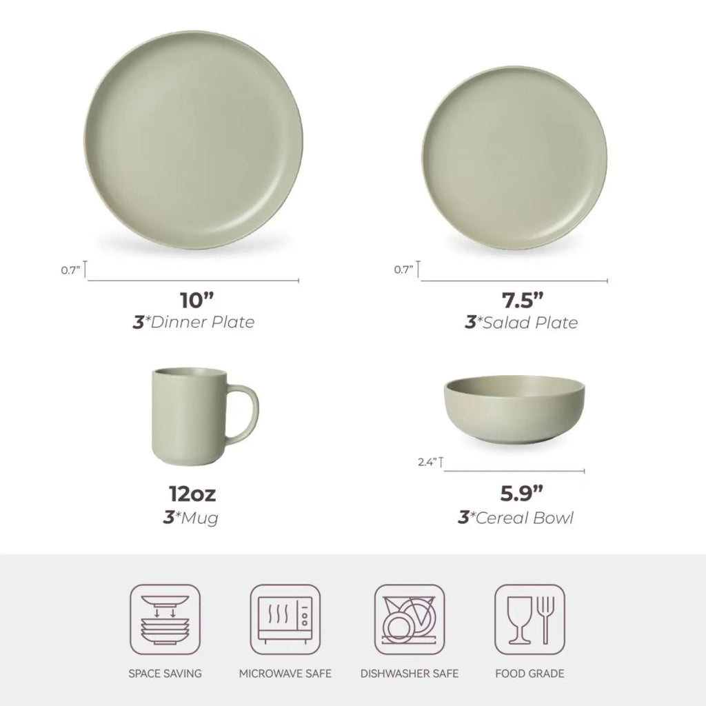 Set of minimalist sage green stoneware dinnerware with plates mug and bowl from 12 piece set for 3 people