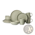 Modern matte sage green 12 piece stoneware dinnerware set with minimalist rounded edges for three people