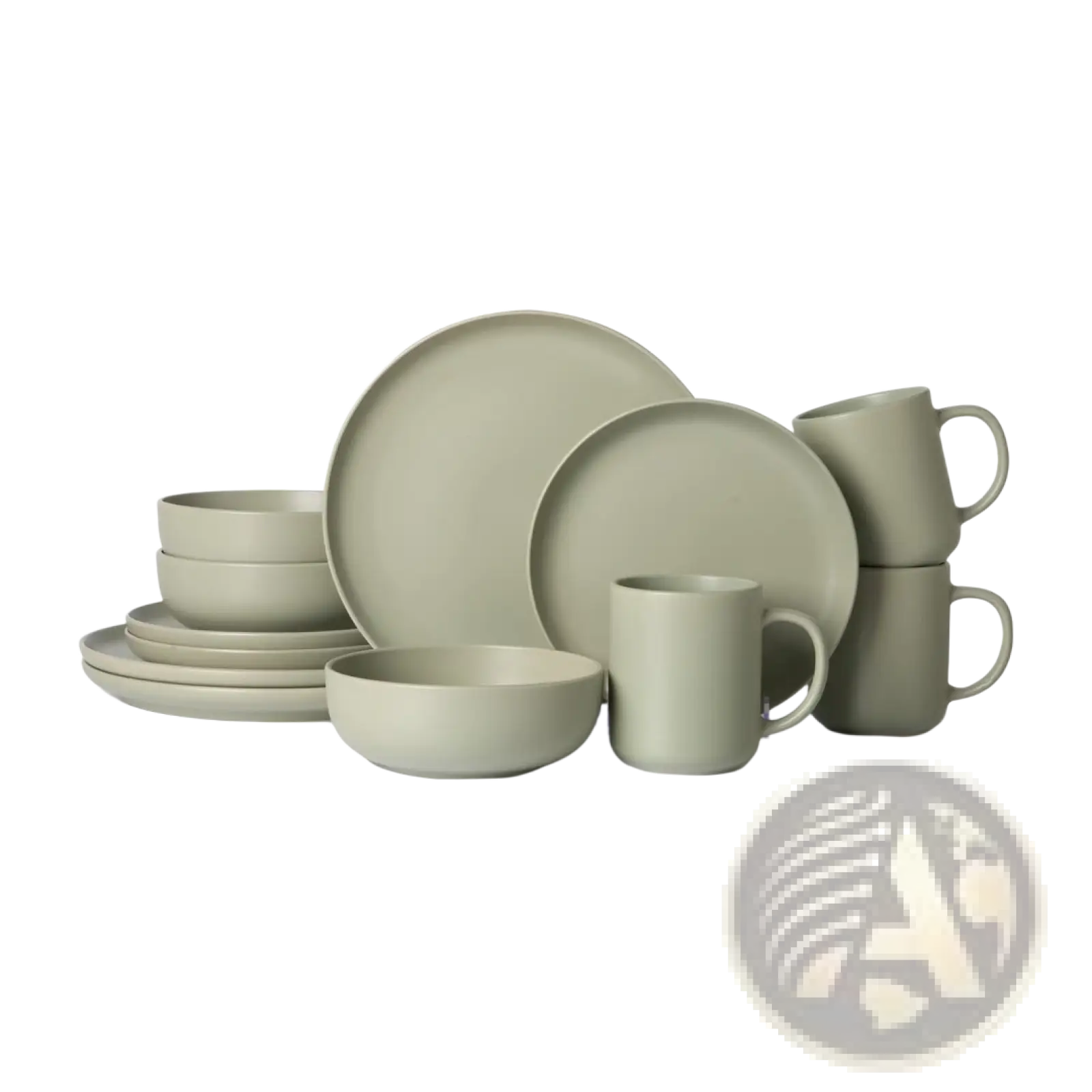 Modern matte sage green 12 piece stoneware dinnerware set with minimalist rounded edges for three people