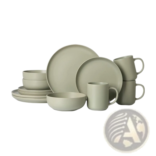 Modern matte sage green 12 piece stoneware dinnerware set with minimalist rounded edges for three people