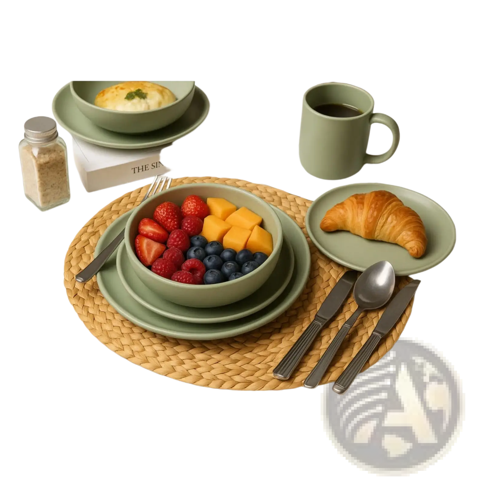 Sage green 12 piece stoneware dinnerware set with plates bowls and mug arranged for breakfast use