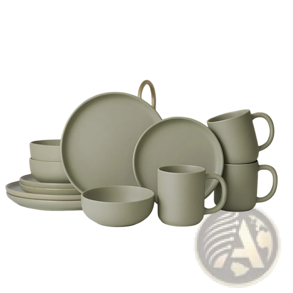 A matte sage green 12 piece stoneware dinnerware set with minimalist modern design for three people