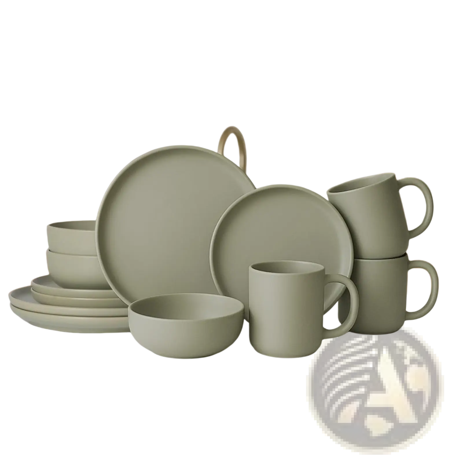 A matte sage green 12 piece stoneware dinnerware set with minimalist modern design for three people