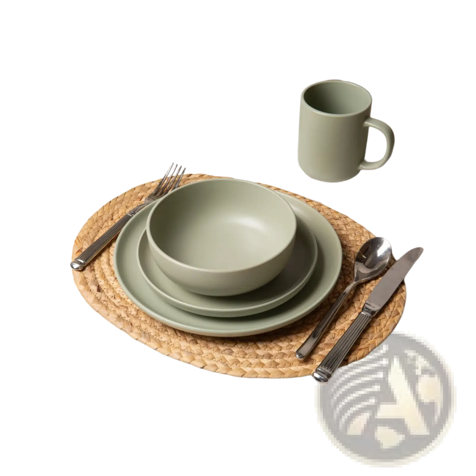 Mint green stoneware dinnerware set with matching plates bowls and mug suitable for dining three people