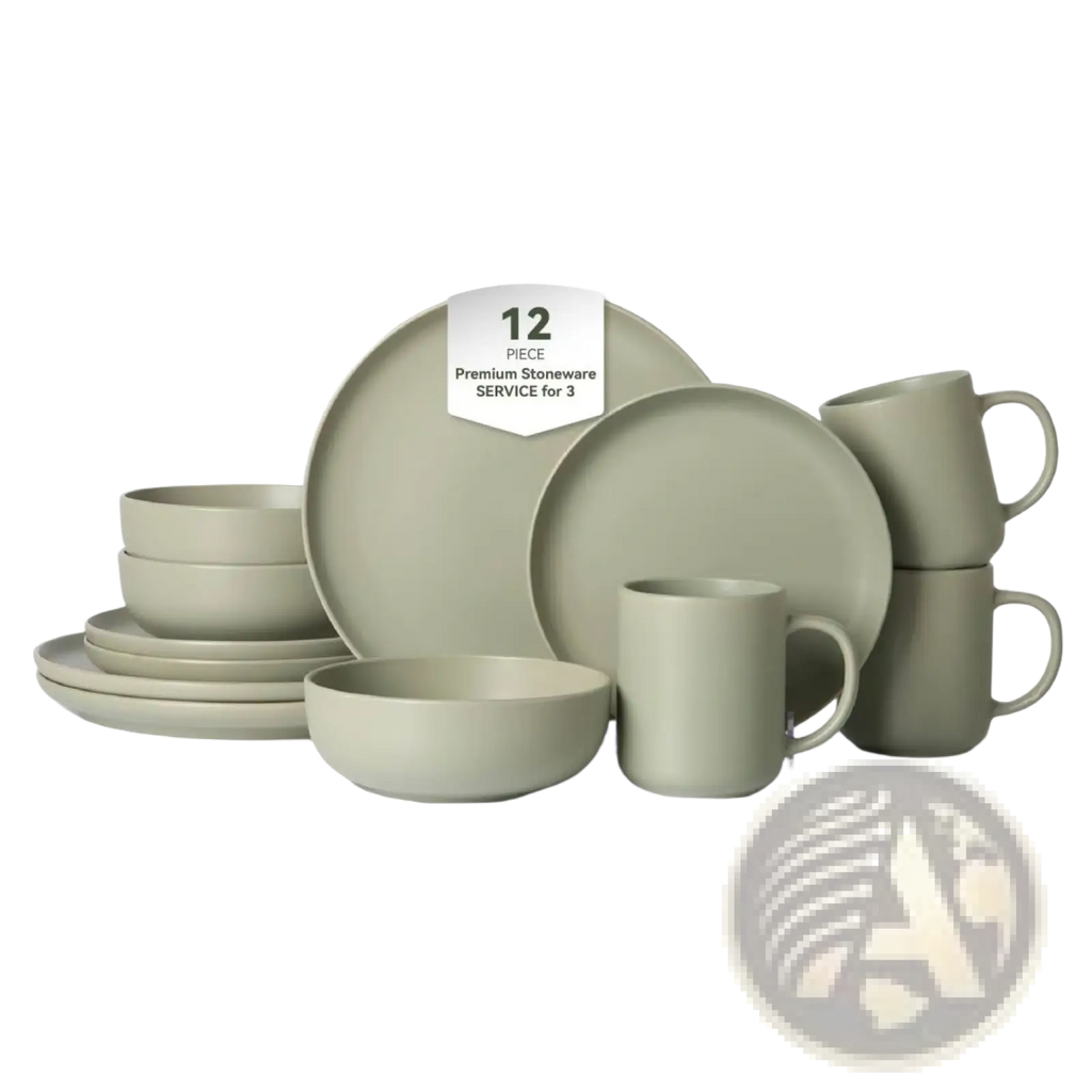 Matte sage green 12 piece stoneware dinner set with minimalist modern design for dining three people