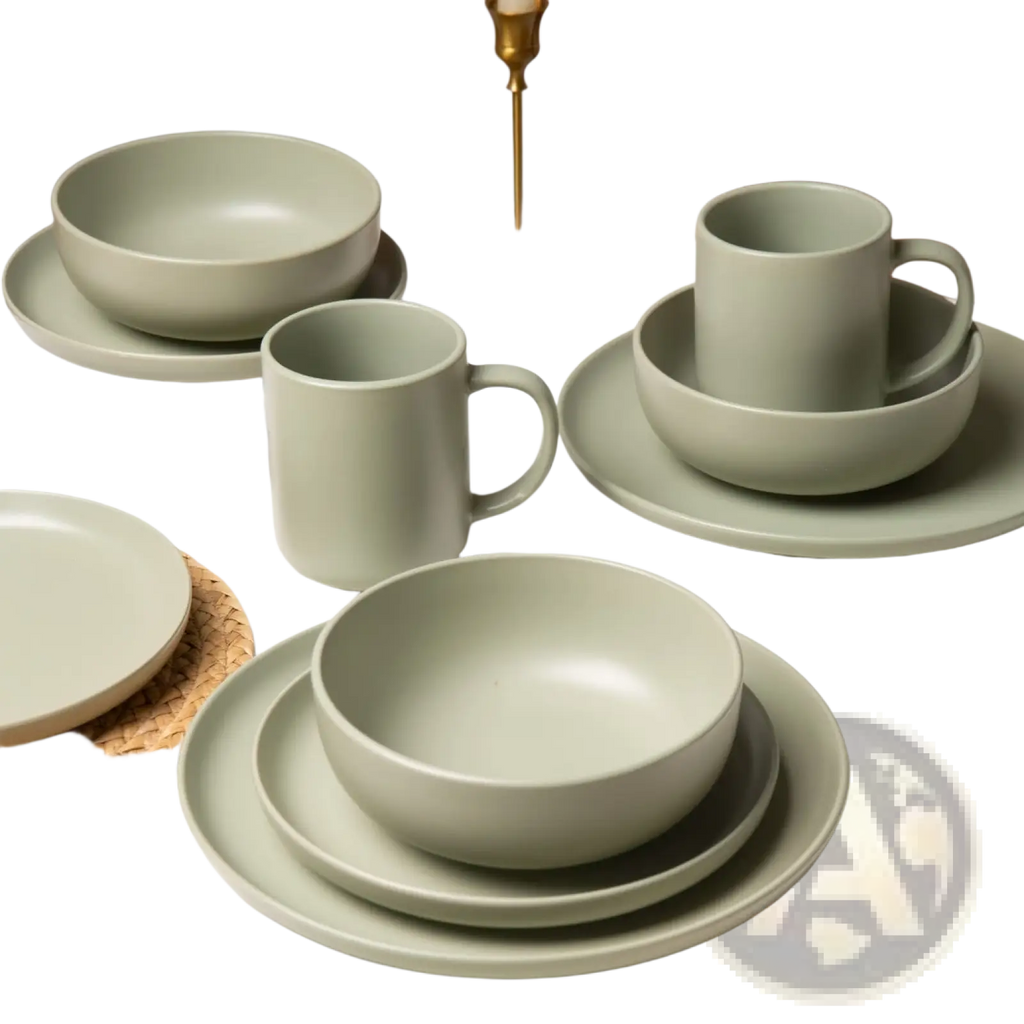 Sage green 12 piece stoneware dinnerware set with minimalist matte finished ceramic bowls and plates for three