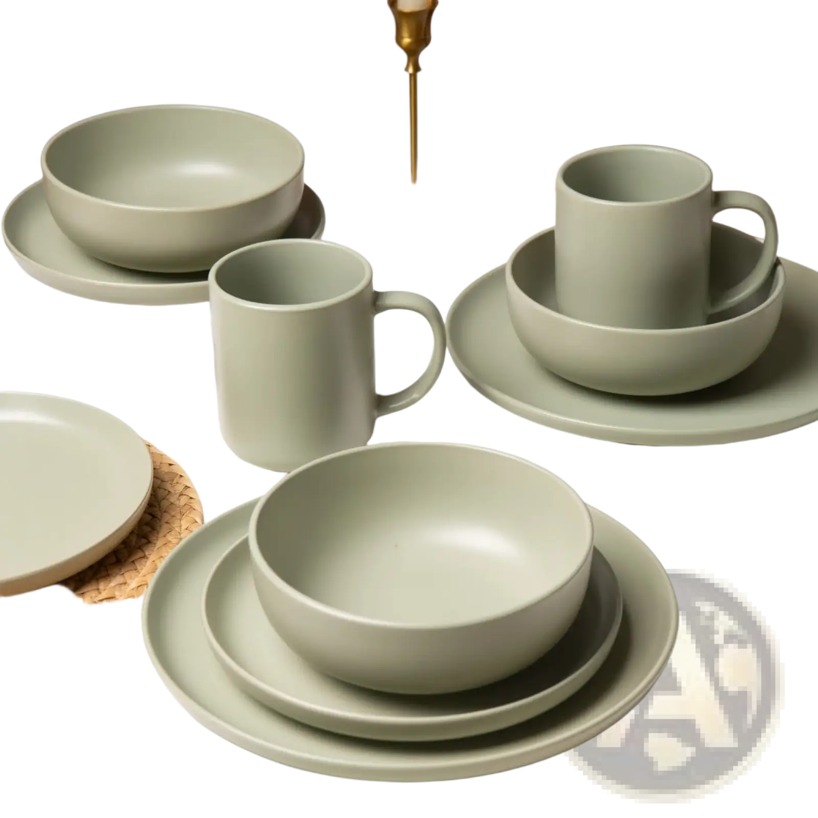 Sage green 12 piece stoneware dinnerware set with minimalist matte finished ceramic bowls and plates for three