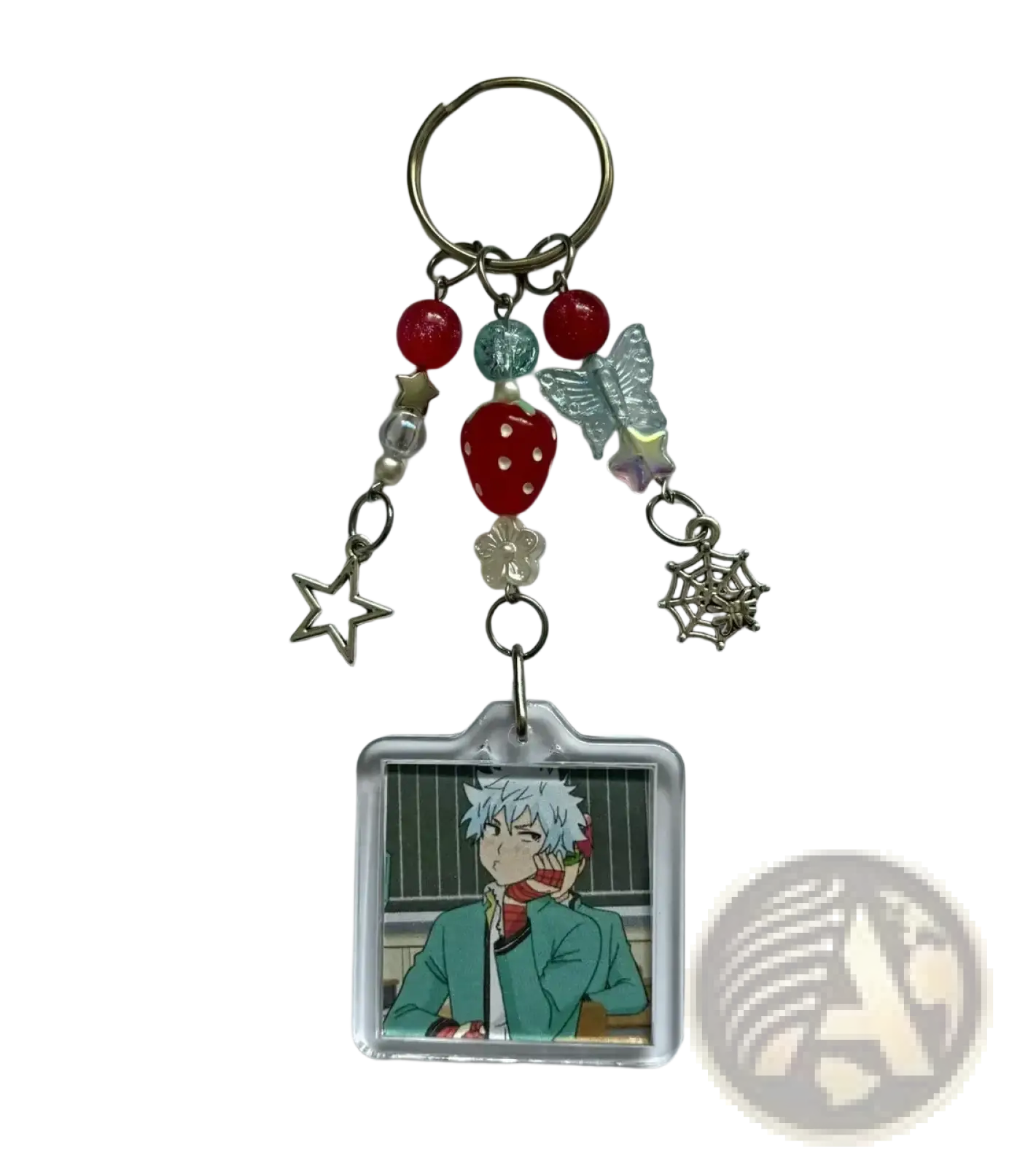 Clear acrylic saiki k beaded anime keychain with white hair character square portrait and dangling charms including stars and berries