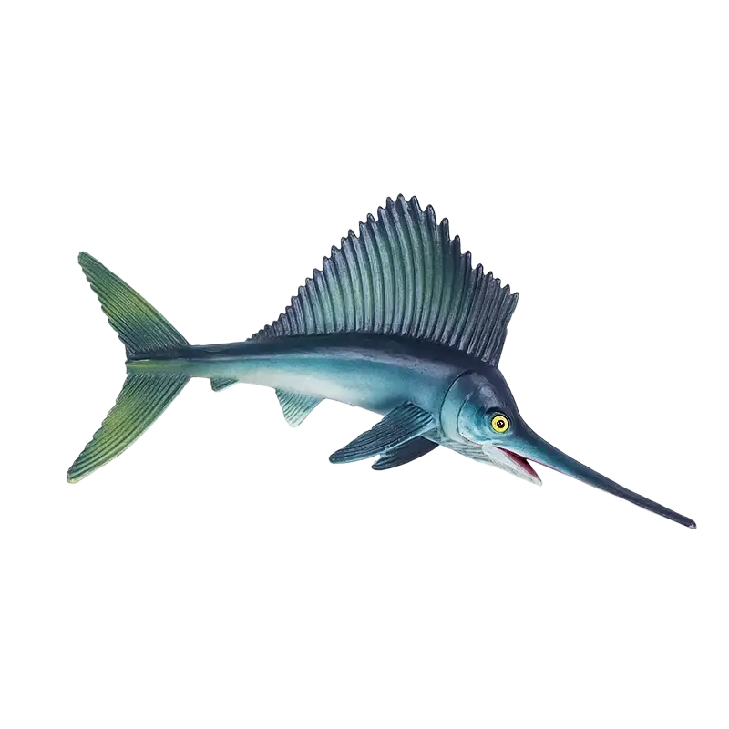 Blue and green finished goods sailfish figurine made of PVC with a long snout yellow eye and detailed dorsal fin
