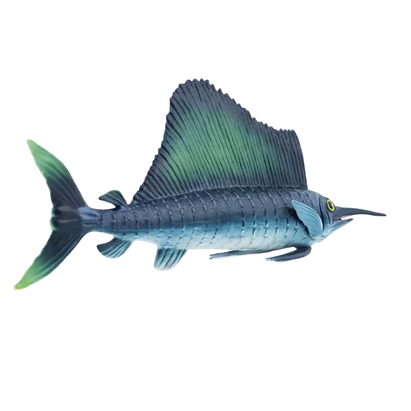 A detailed blue and green pvc sailfish figurine with textured scales and a prominent dorsal fin finished goods toy