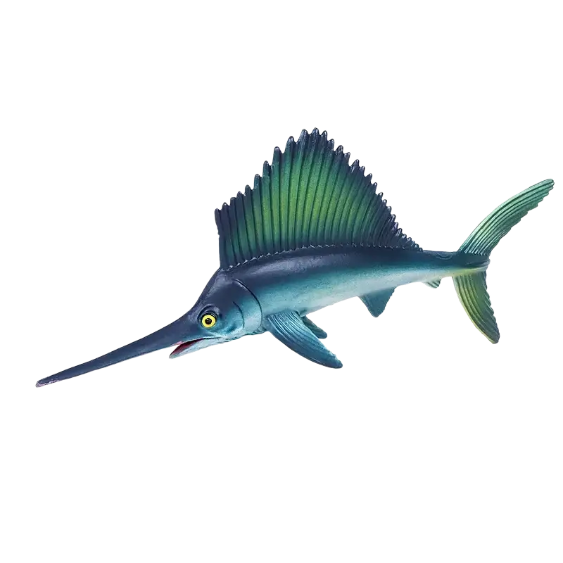 Detailed blue and green pvc sailfish figurine finished goods toy featuring a long snout yellow eye and spiky dorsal fin