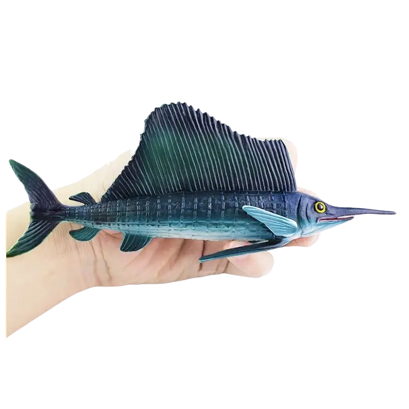 A detailed blue and green plastic sailfish figurine made of pvc finished goods from the sea world series