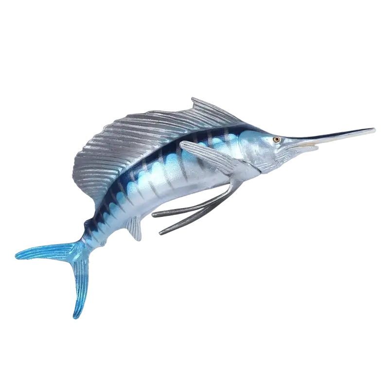 A detailed finished goods pvc animal toy of a blue and silver marlin with a long pointed bill and flowing dorsal fin